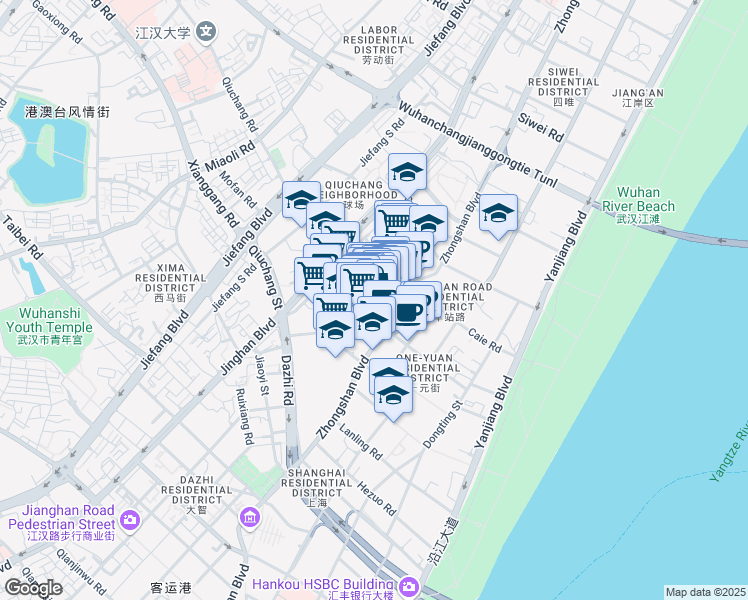 map of restaurants, bars, coffee shops, grocery stores, and more near Che Zhan Lu in Wuhan Shi