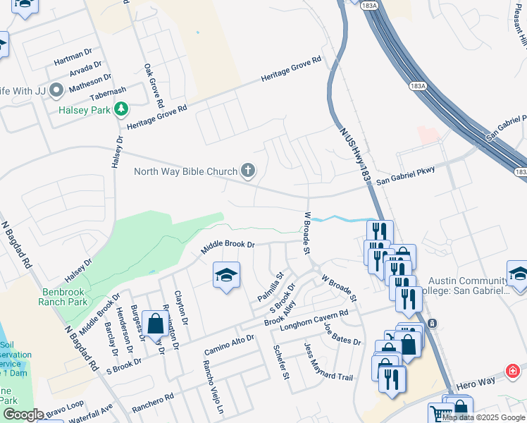 map of restaurants, bars, coffee shops, grocery stores, and more near 512 Mistflower Springs Drive in Leander