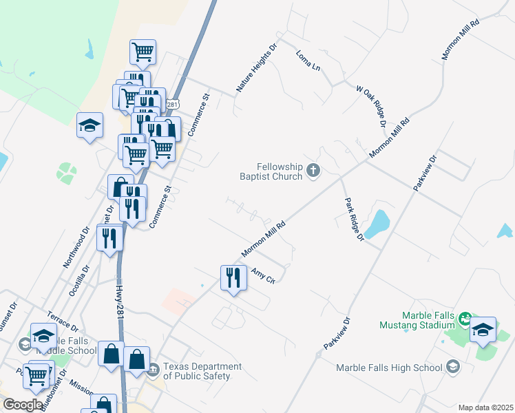 map of restaurants, bars, coffee shops, grocery stores, and more near 905 Laurel Oak Circle in Marble Falls