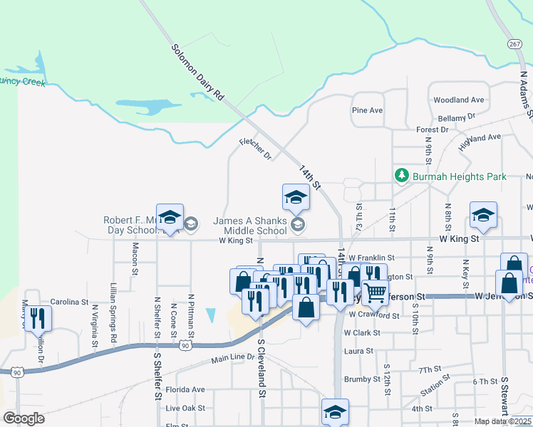 map of restaurants, bars, coffee shops, grocery stores, and more near 1400 West King Street in Quincy