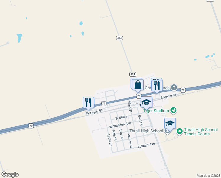 map of restaurants, bars, coffee shops, grocery stores, and more near 107 Castro Street in Thrall