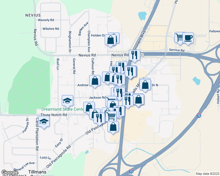 map of restaurants, bars, coffee shops, grocery stores, and more near 4651 Andrews Road in Mobile