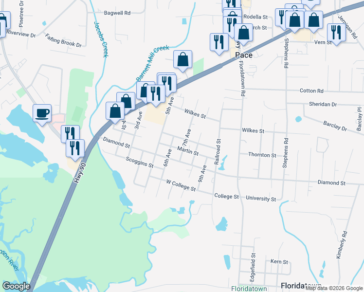 map of restaurants, bars, coffee shops, grocery stores, and more near 3750 Martin Street in Pace