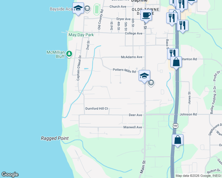 map of restaurants, bars, coffee shops, grocery stores, and more near 1262 Frances Street in Daphne
