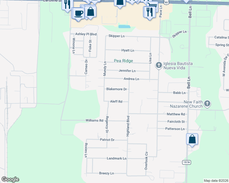 map of restaurants, bars, coffee shops, grocery stores, and more near 4853 Blakemore Drive in Pace
