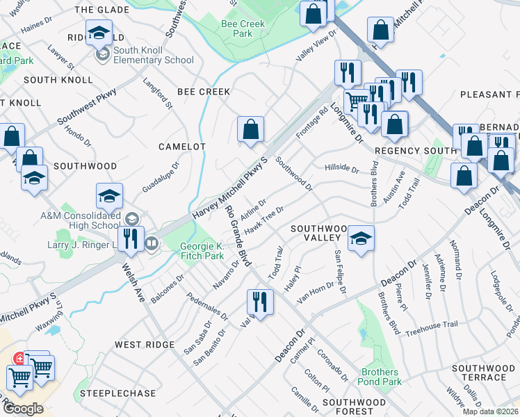 map of restaurants, bars, coffee shops, grocery stores, and more near 1204 Airline Drive in College Station