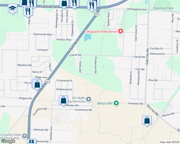 map of restaurants, bars, coffee shops, grocery stores, and more near 4316 Kelley Road in Milton