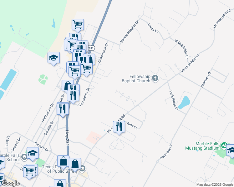 map of restaurants, bars, coffee shops, grocery stores, and more near 1100 Monterrey Oak Circle in Marble Falls