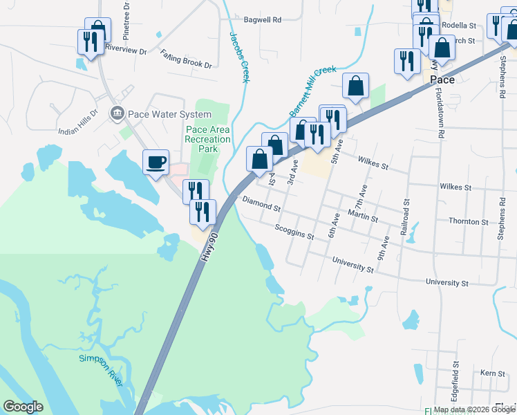 map of restaurants, bars, coffee shops, grocery stores, and more near 3637 Diamond Street in Pace