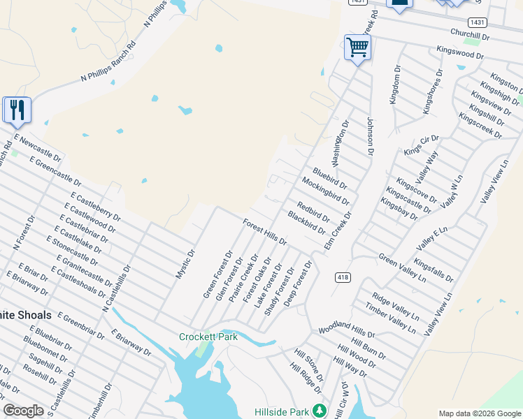map of restaurants, bars, coffee shops, grocery stores, and more near 712 Poverty Drive in Granite Shoals