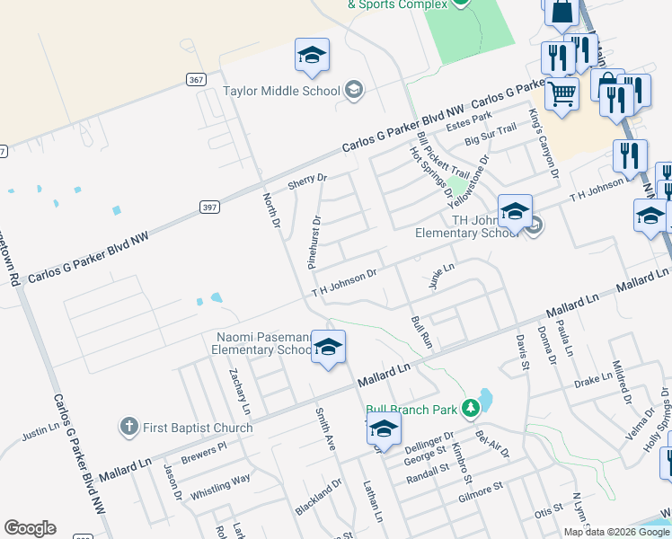 map of restaurants, bars, coffee shops, grocery stores, and more near 1403 Stone Ridge Drive in Taylor