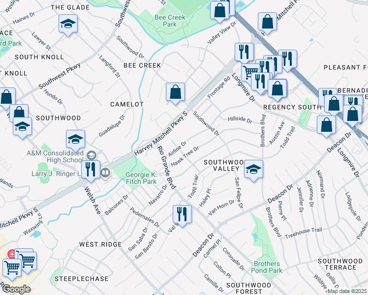 map of restaurants, bars, coffee shops, grocery stores, and more near 1204 Airline Drive in College Station