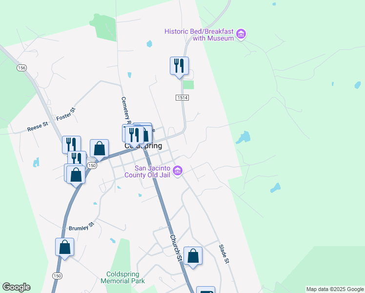 map of restaurants, bars, coffee shops, grocery stores, and more near 960 McGowen Road in Coldspring