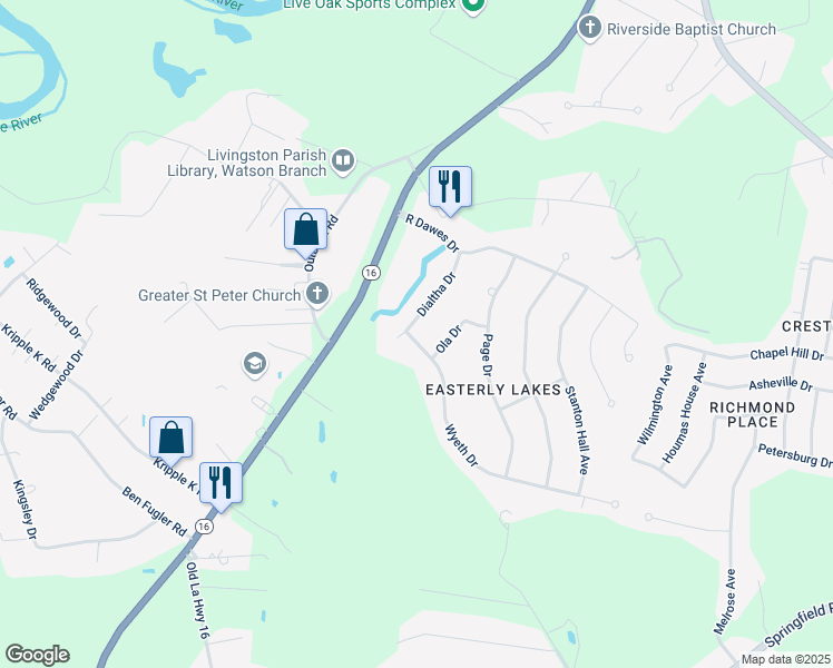 map of restaurants, bars, coffee shops, grocery stores, and more near 8494 Wyeth Drive in Denham Springs