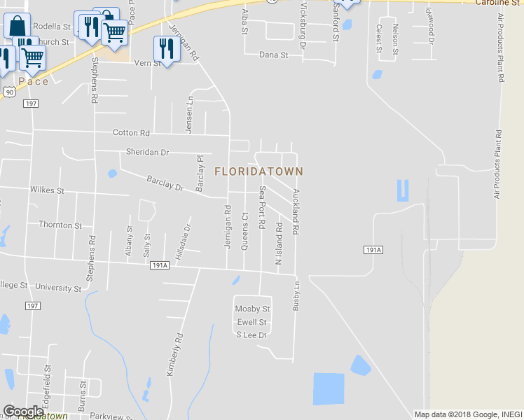 map of restaurants, bars, coffee shops, grocery stores, and more near 4281 Sea Port Road in Pace