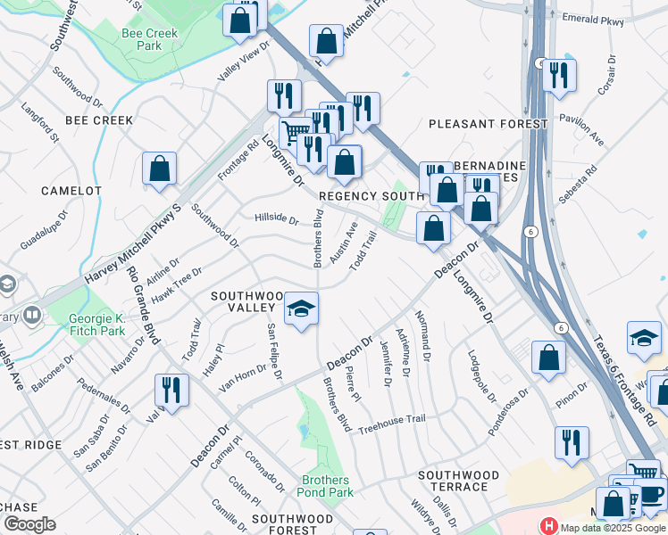 map of restaurants, bars, coffee shops, grocery stores, and more near 1604 Austin Avenue in College Station