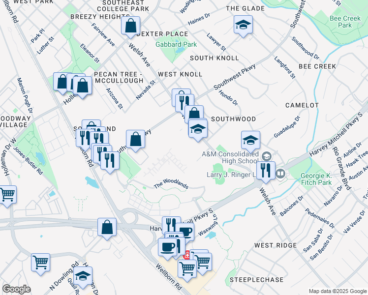 map of restaurants, bars, coffee shops, grocery stores, and more near 1812 Welsh Avenue in College Station