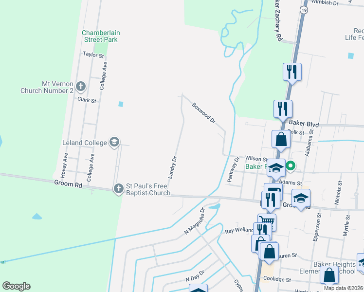 map of restaurants, bars, coffee shops, grocery stores, and more near 1620 Landry Drive in Baker