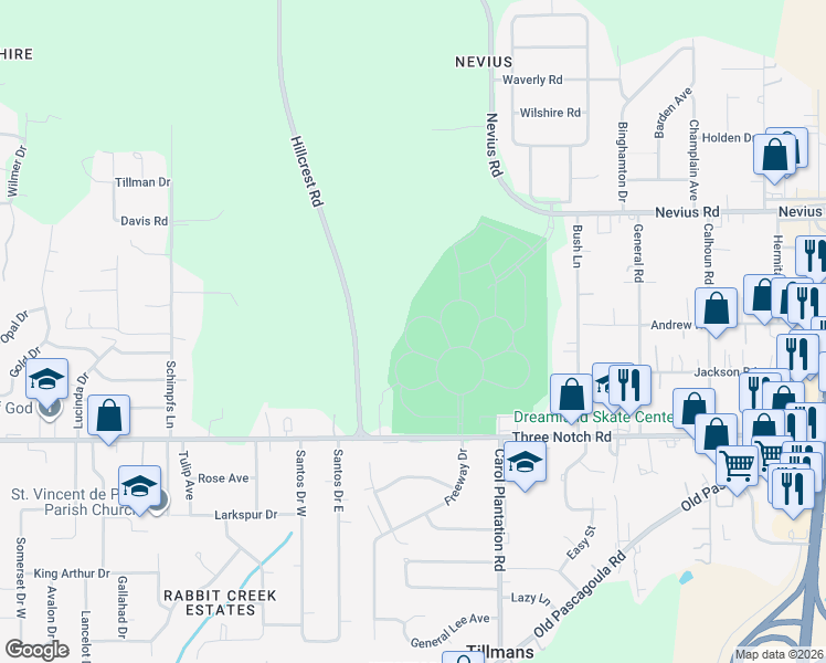 map of restaurants, bars, coffee shops, grocery stores, and more near Hillcrest Road in Mobile