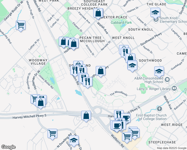 map of restaurants, bars, coffee shops, grocery stores, and more near 401 Southwest Parkway in College Station