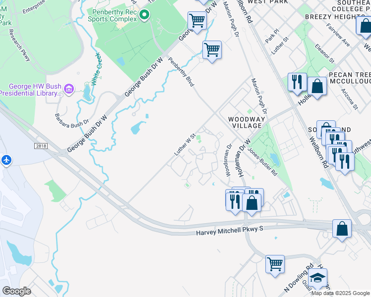 map of restaurants, bars, coffee shops, grocery stores, and more near 1605 Luther Street West in College Station