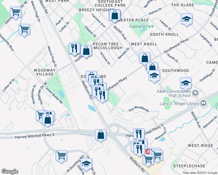 map of restaurants, bars, coffee shops, grocery stores, and more near 401 Southwest Parkway in College Station