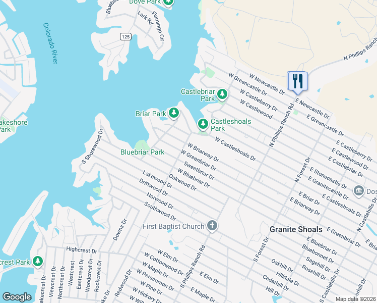 map of restaurants, bars, coffee shops, grocery stores, and more near 174 West Greenbriar Drive in Marble Falls