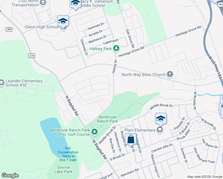 map of restaurants, bars, coffee shops, grocery stores, and more near 1216 Hensley Drive in Leander