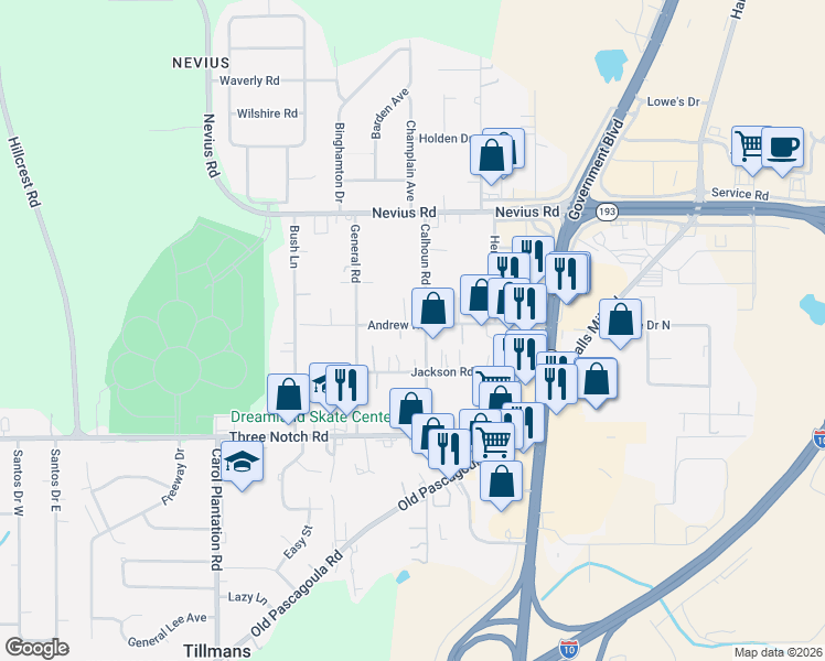 map of restaurants, bars, coffee shops, grocery stores, and more near 4750 A Calhoun Road in Mobile