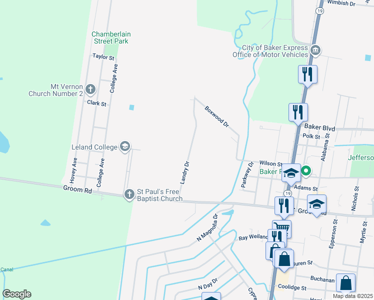 map of restaurants, bars, coffee shops, grocery stores, and more near 1619 Landry Drive in Baker
