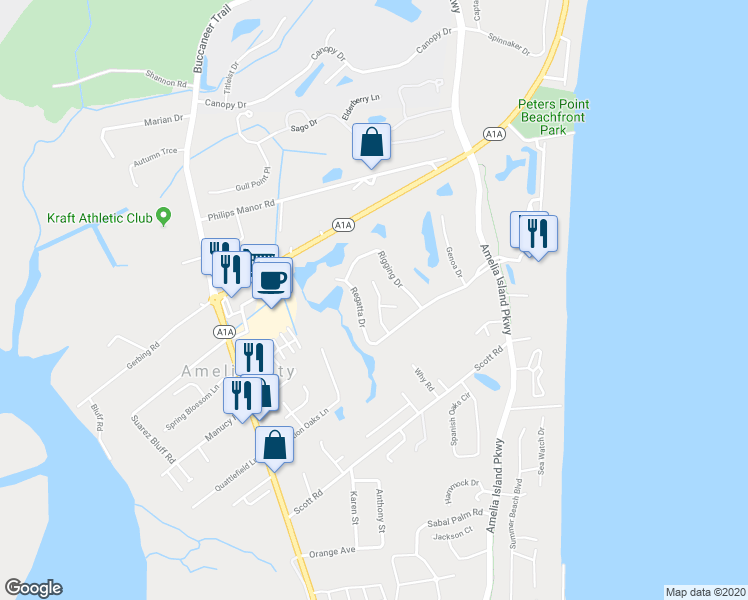 map of restaurants, bars, coffee shops, grocery stores, and more near 4719 Yachtsmans Drive in Fernandina Beach