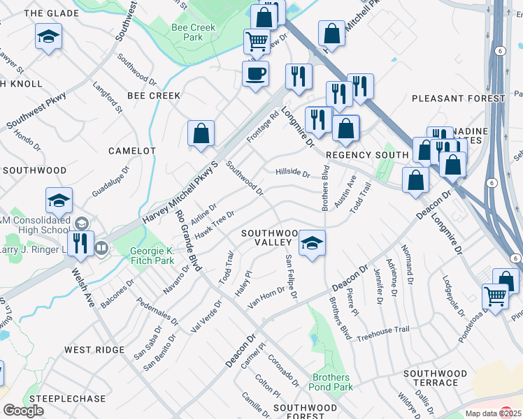 map of restaurants, bars, coffee shops, grocery stores, and more near 1309 Austin Avenue in College Station