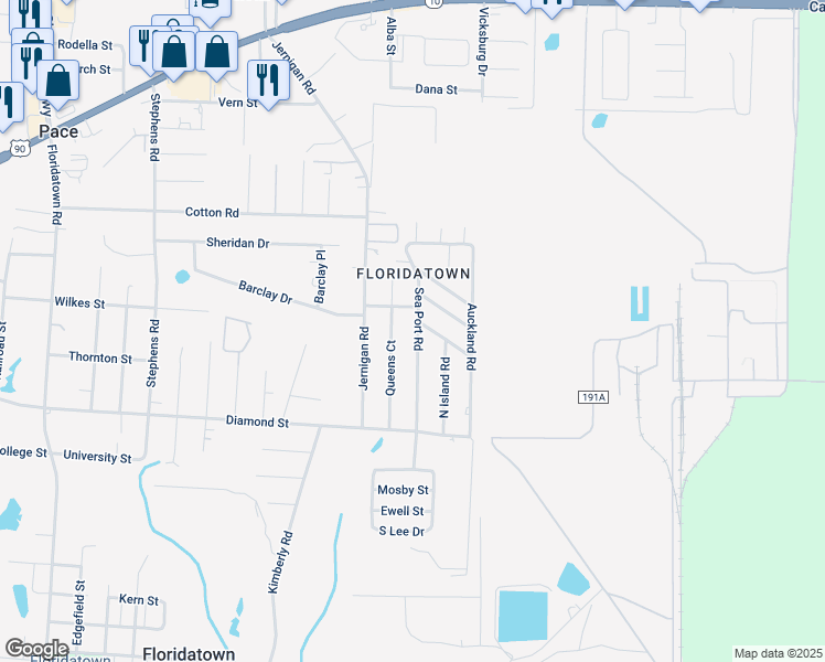 map of restaurants, bars, coffee shops, grocery stores, and more near 4289 Sea Port Road in Pace