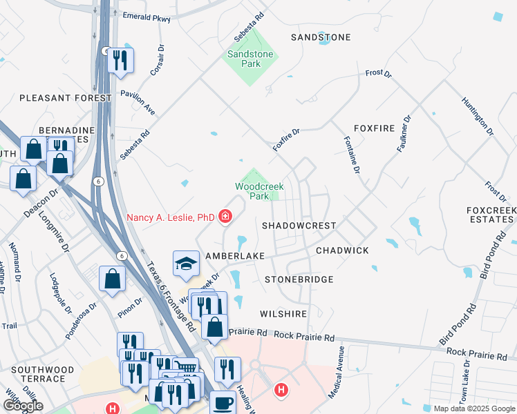map of restaurants, bars, coffee shops, grocery stores, and more near 9200 Lake Forest Court North in College Station