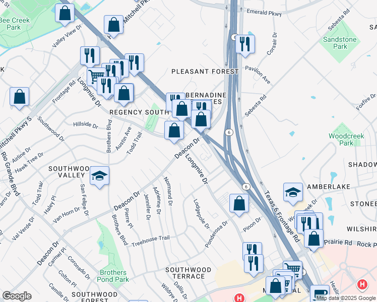 map of restaurants, bars, coffee shops, grocery stores, and more near 2803 Longmire Drive in College Station
