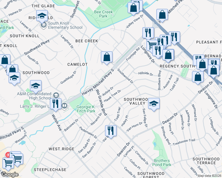 map of restaurants, bars, coffee shops, grocery stores, and more near 1204 Airline Drive in College Station