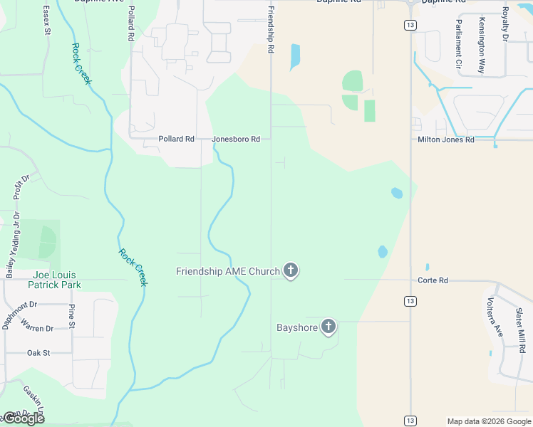map of restaurants, bars, coffee shops, grocery stores, and more near 25147-25253 Friendship Road in Daphne