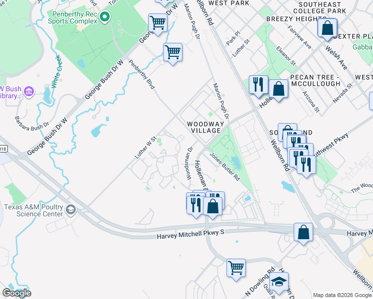 map of restaurants, bars, coffee shops, grocery stores, and more near 1806 Holleman Drive West in College Station