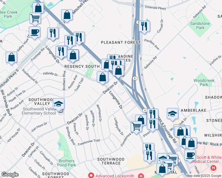 map of restaurants, bars, coffee shops, grocery stores, and more near 2801 Longmire Drive in College Station