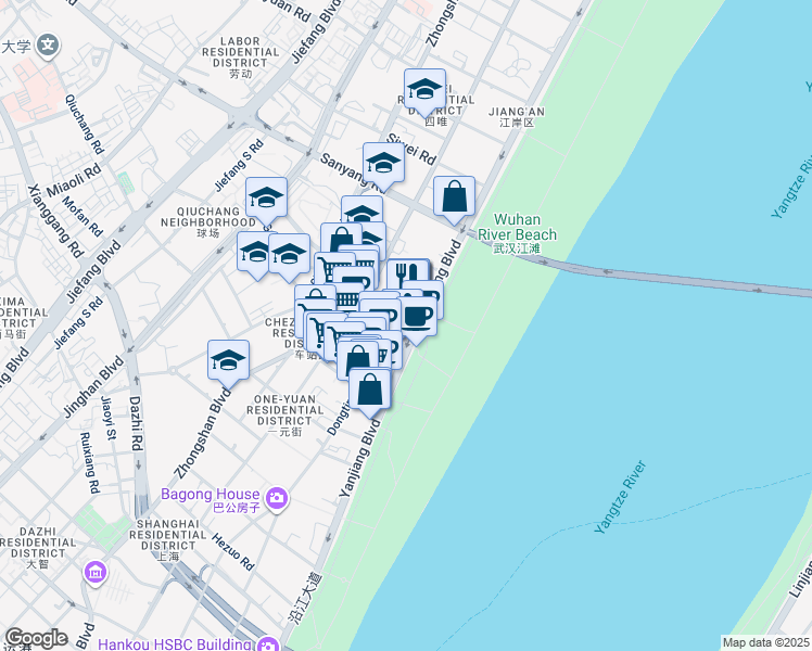 map of restaurants, bars, coffee shops, grocery stores, and more near in Wuhan