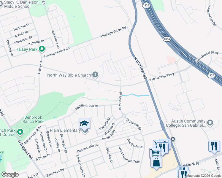 map of restaurants, bars, coffee shops, grocery stores, and more near 183 U.S. 183 in Leander