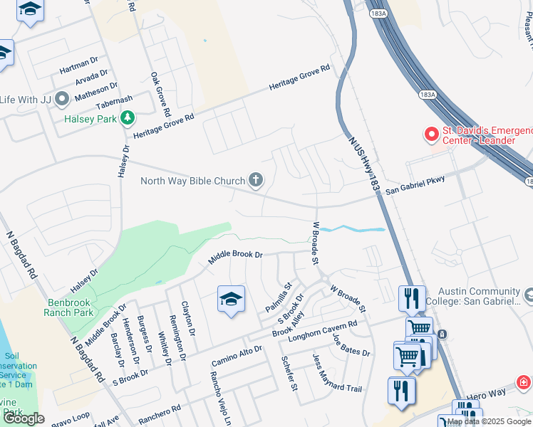 map of restaurants, bars, coffee shops, grocery stores, and more near 512 Mistflower Springs Drive in Leander
