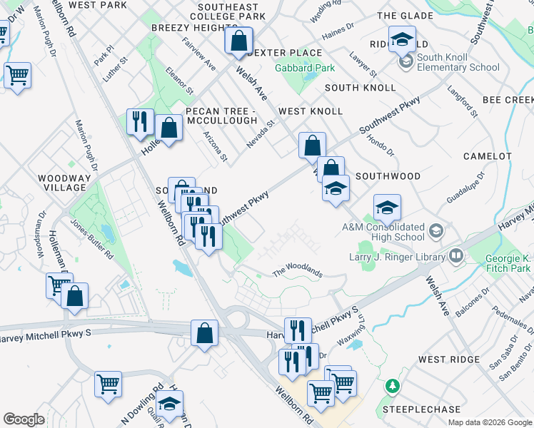 map of restaurants, bars, coffee shops, grocery stores, and more near 430 Southwest Parkway in College Station