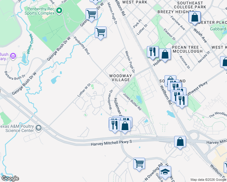 map of restaurants, bars, coffee shops, grocery stores, and more near 1806 Holleman Drive West in College Station