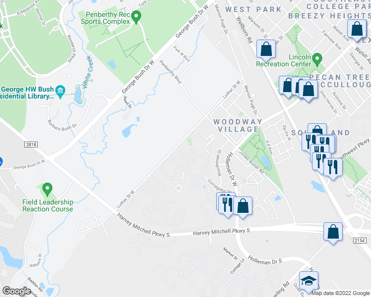 map of restaurants, bars, coffee shops, grocery stores, and more near 601 Luther Street West in College Station
