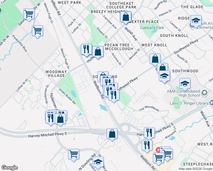 map of restaurants, bars, coffee shops, grocery stores, and more near 301 Southwest Parkway in College Station