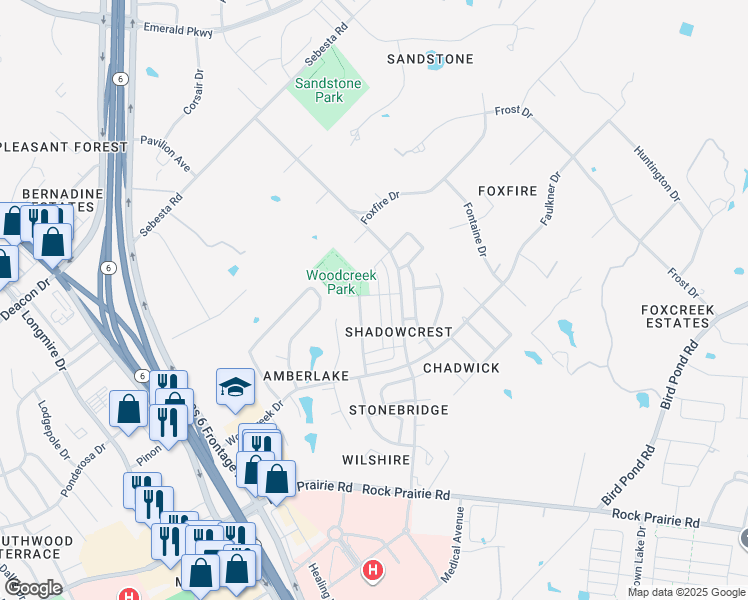 map of restaurants, bars, coffee shops, grocery stores, and more near 9204 Timber Knoll Drive in College Station