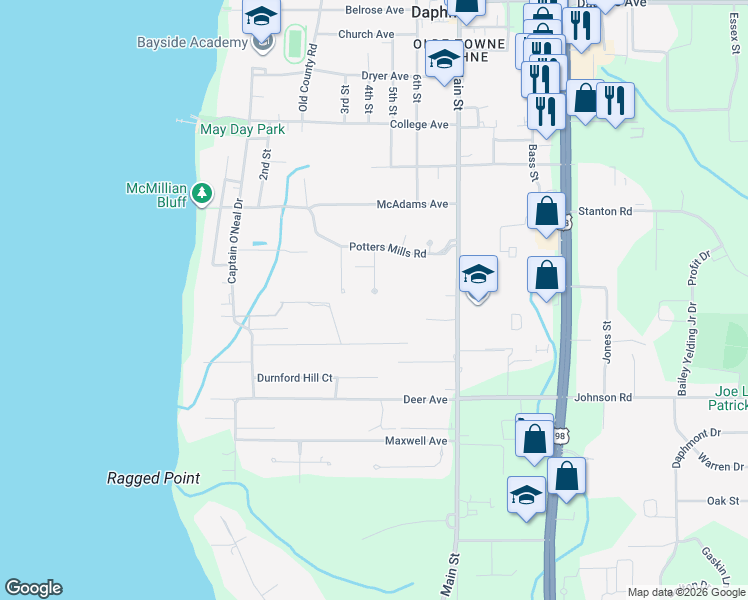 map of restaurants, bars, coffee shops, grocery stores, and more near 1262 Patrick Street in Daphne