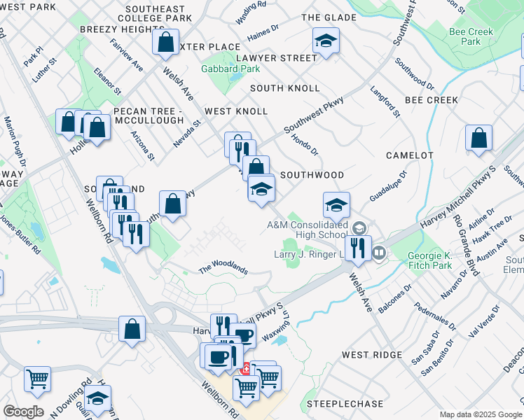 map of restaurants, bars, coffee shops, grocery stores, and more near 1812 Welsh Avenue in College Station