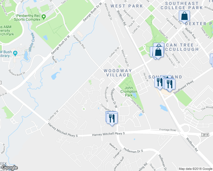 map of restaurants, bars, coffee shops, grocery stores, and more near 1806 Holleman Drive West in College Station